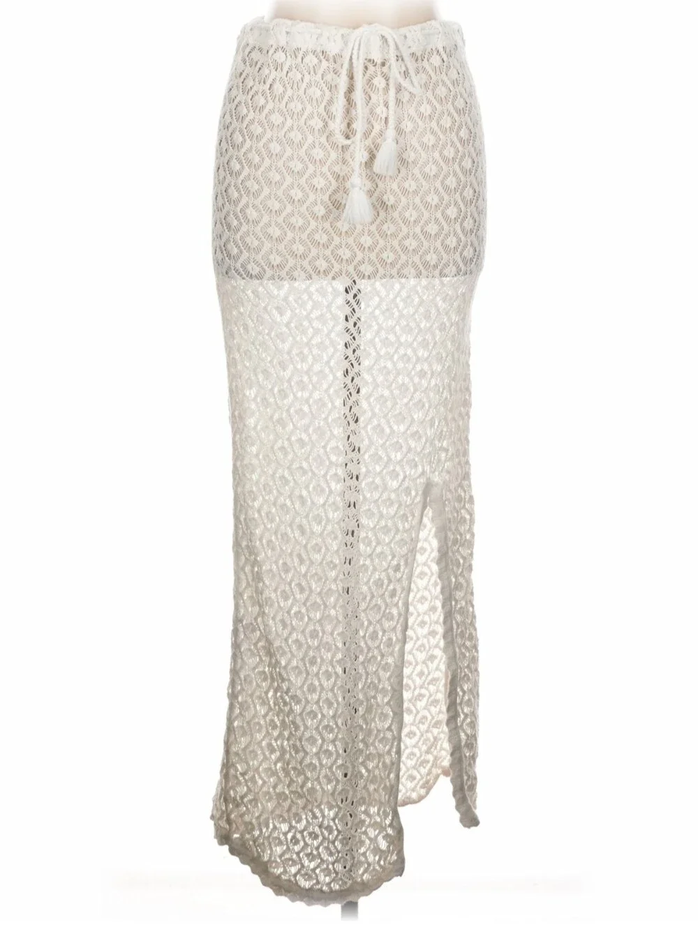 Aerie White Crochet Maxi Skirt Boho Beach Cover Up Drawstring Slit Size L Cotton - Picture 1 of 8